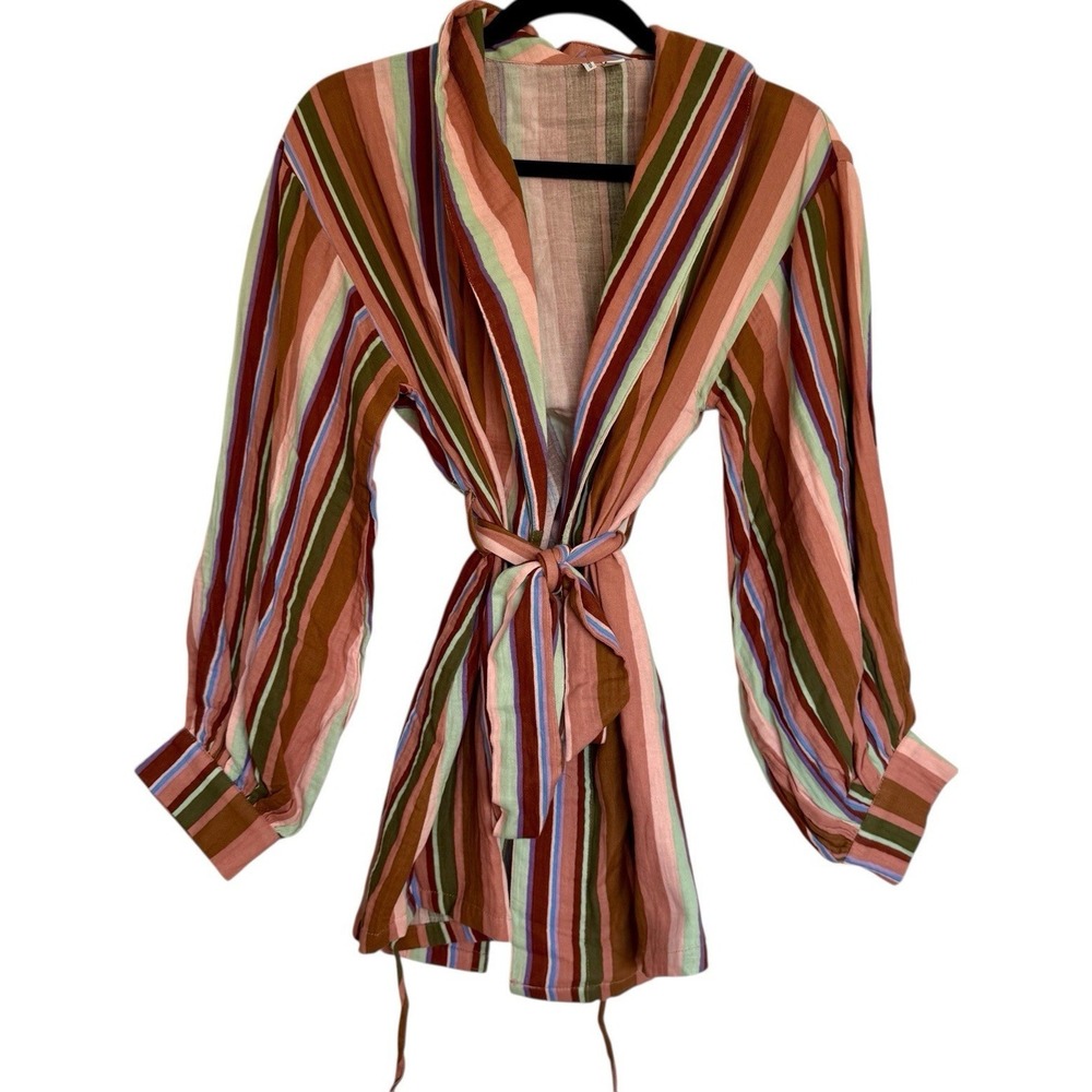 Nordstrom Women's Multicolor Striped Cotton Wrap Robe Belted Tie V-Neck M